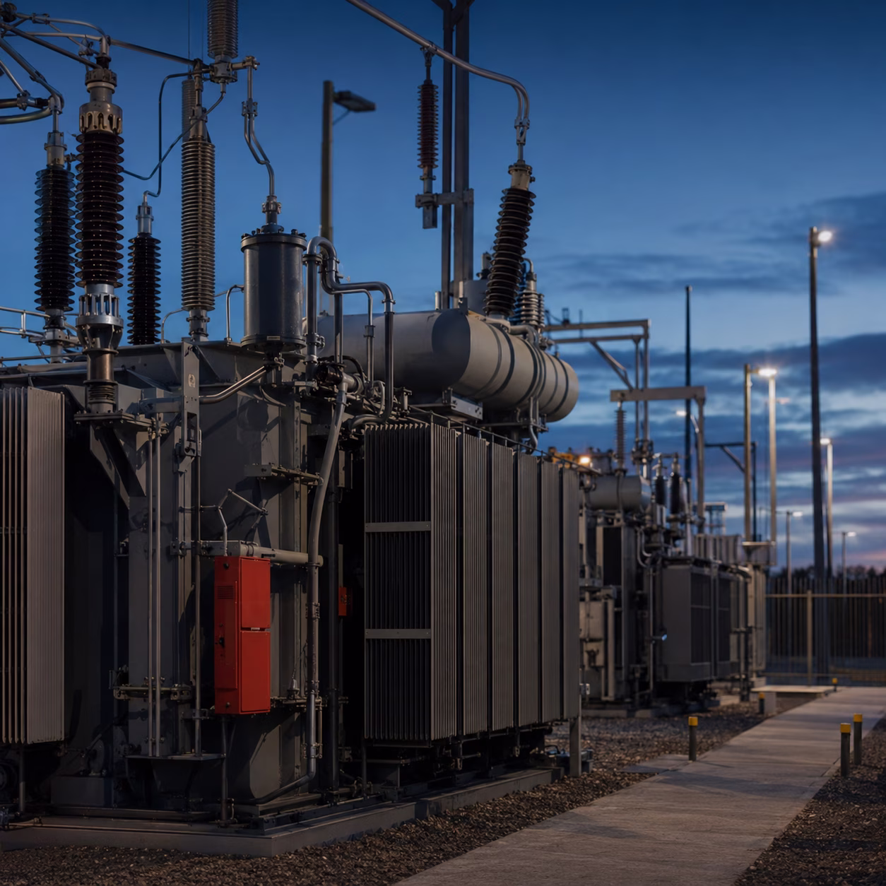 High-voltage power transformers in a substation yard at dusk