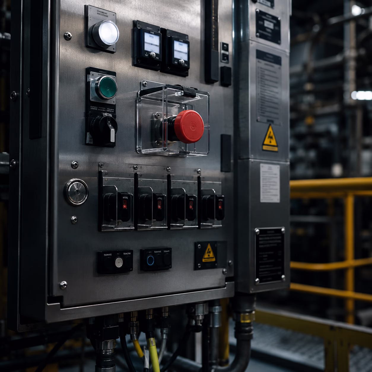 Safety-instrumented control panel with emergency-stop and interlock switches