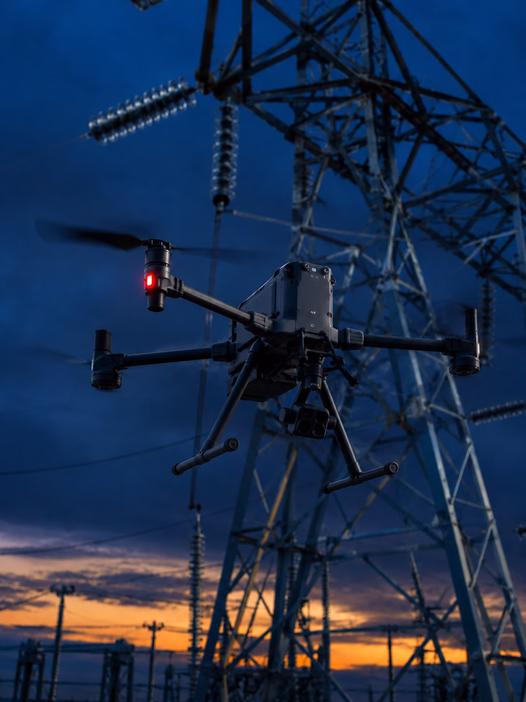 Inspection drone hovering beside a high-voltage powerline tower